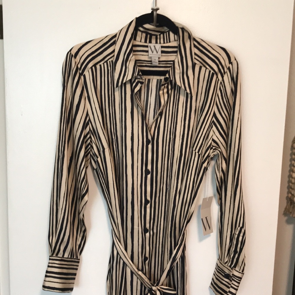 Worthington Women's 16 Shirt Dress Black Tan Satin Stripe Belted Midi - Picture 3 of 7